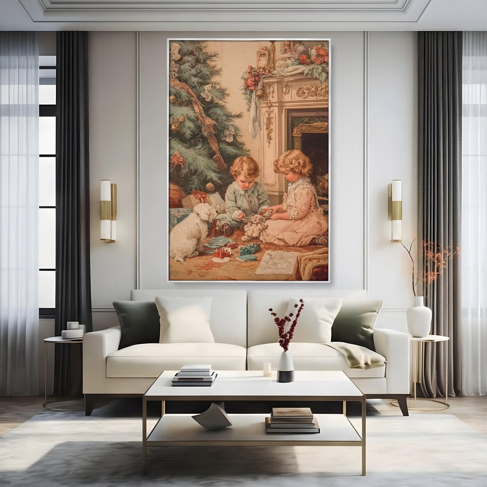 Tablou canvas cu ilustratie vintage cu copii langa bradul de craciun, in rama de aluminiu argintiu, pe perete intr-un living